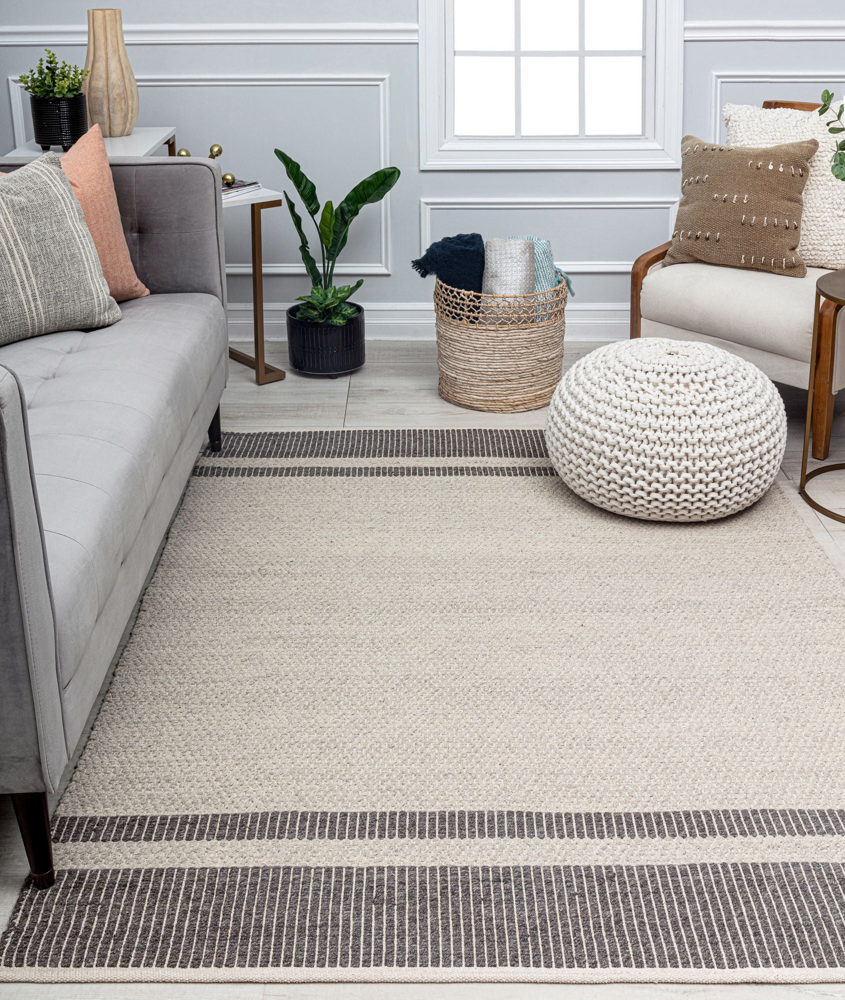 Rugs America Daphina DN10C Asphalt Border Farmhouse Cream Area Rug, 8'0"x10'0"