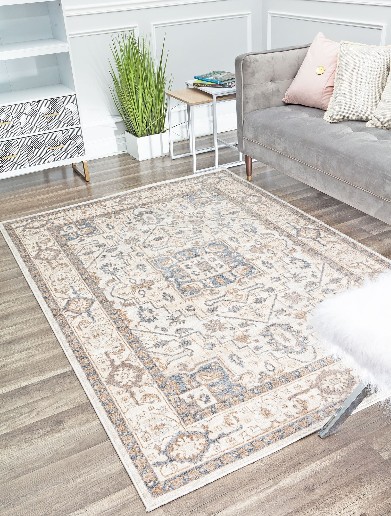 Desert Sand Beige and Slate Floral 5' x 7' Area Rug