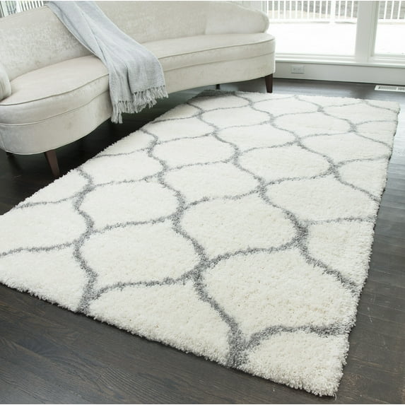 Rugs America Feather Shag Collection Ivory grey Links FH200C Contemporary Geometric Area Rug 2'3" x 8'