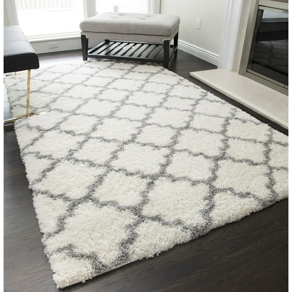 Rugs America Feather Shag Collection Ivory grey Quatrefoil FH100A Contemporary Geometric Area Rug 2' x 4'