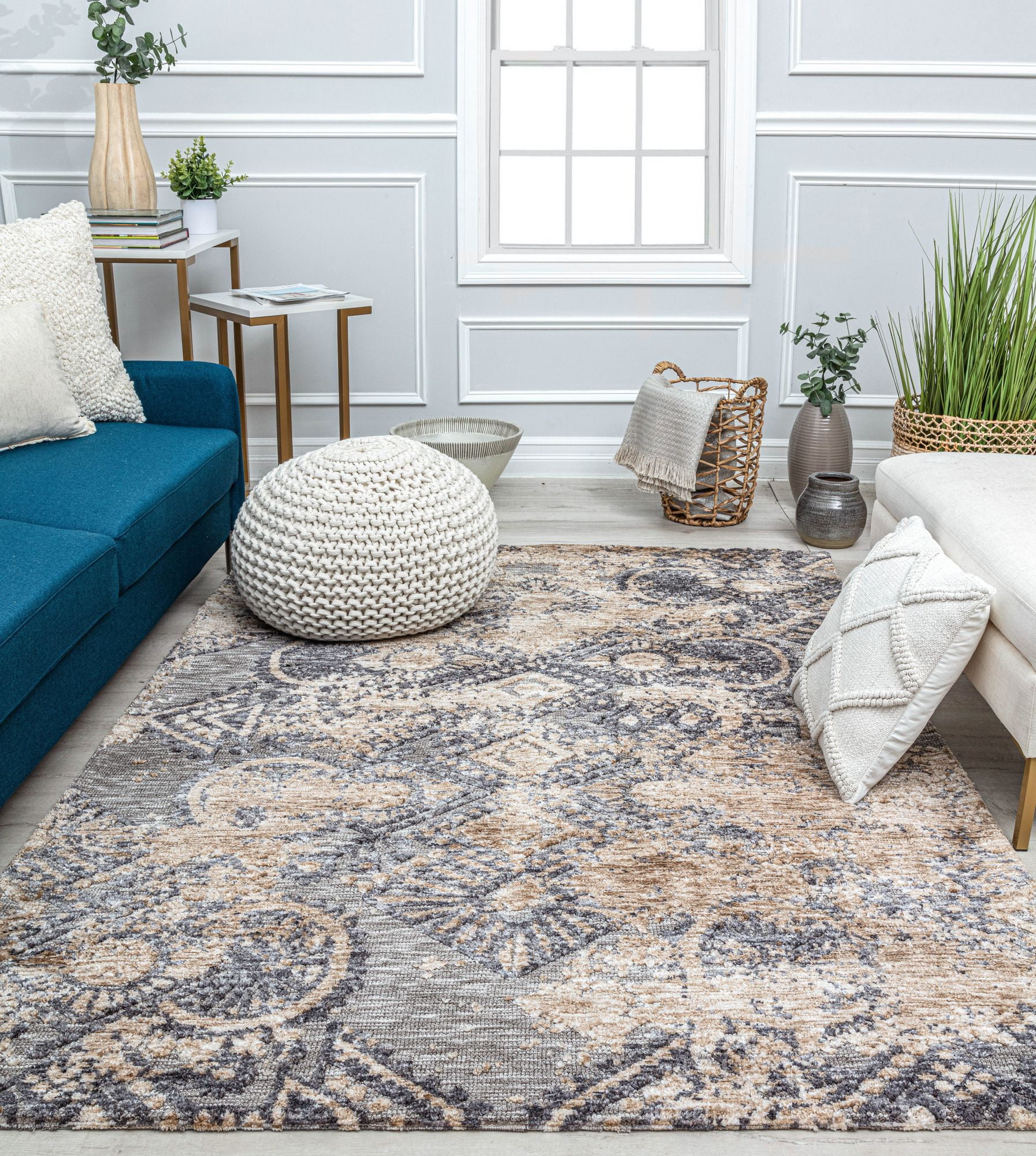 Gray and Beige Synthetic 5' x 7' Rectangular Area Rug