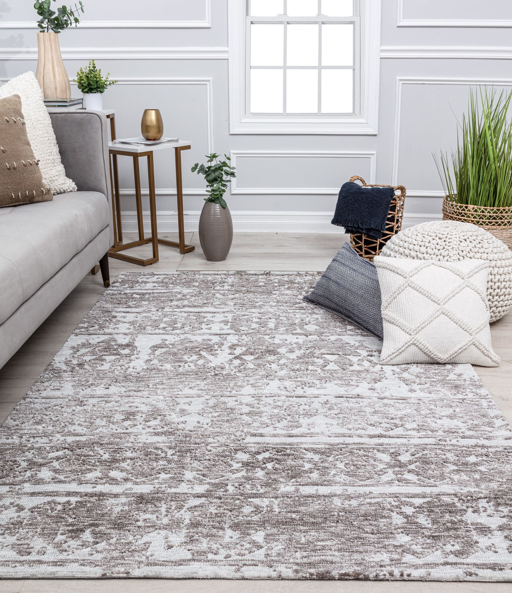 Ivory and Brown Geometric Distressed Vintage Area Rug