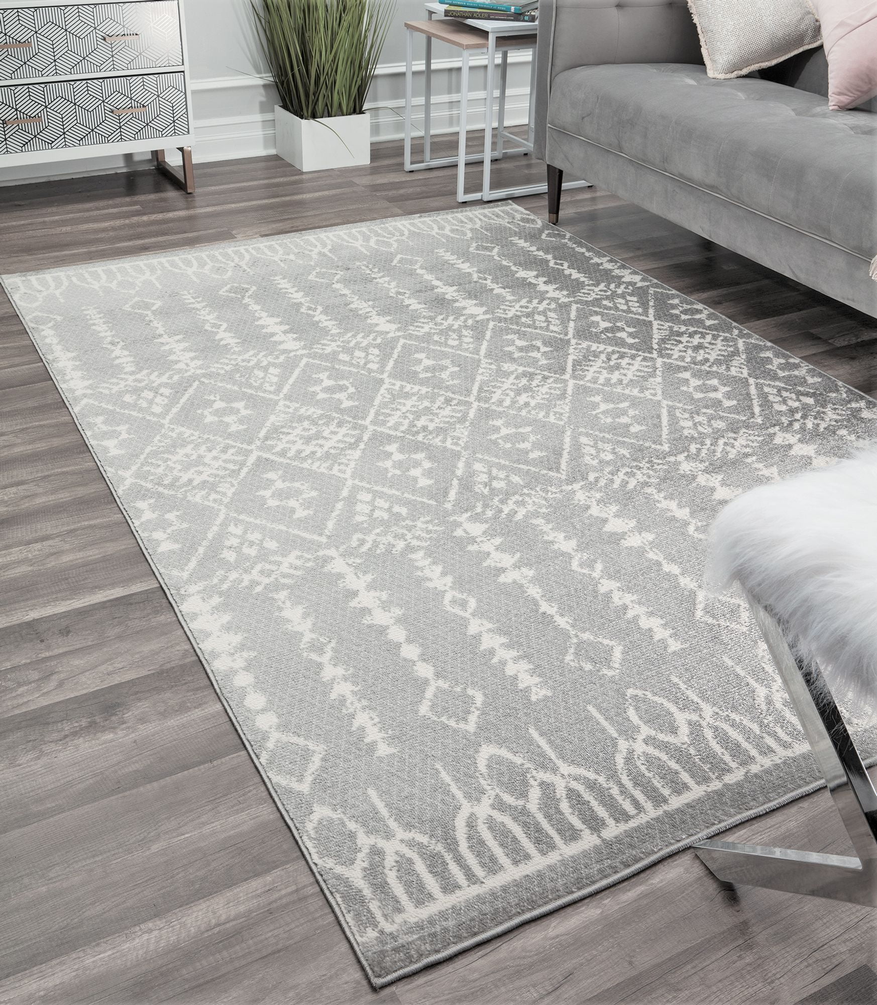 114×202 \"Snow diamond” ViNTAGE RUG JONATHAN Y Moroccan HYPE Boho Vintage Diamond Cream/Gray 8