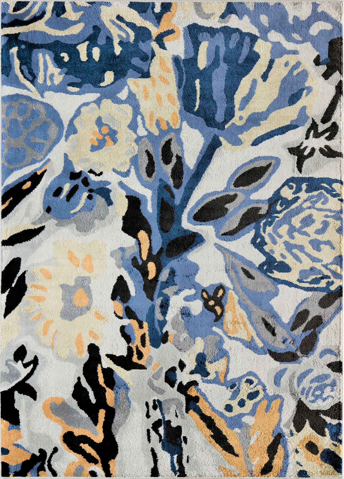 8' x 10' Black and Blue Floral Synthetic Area Rug
