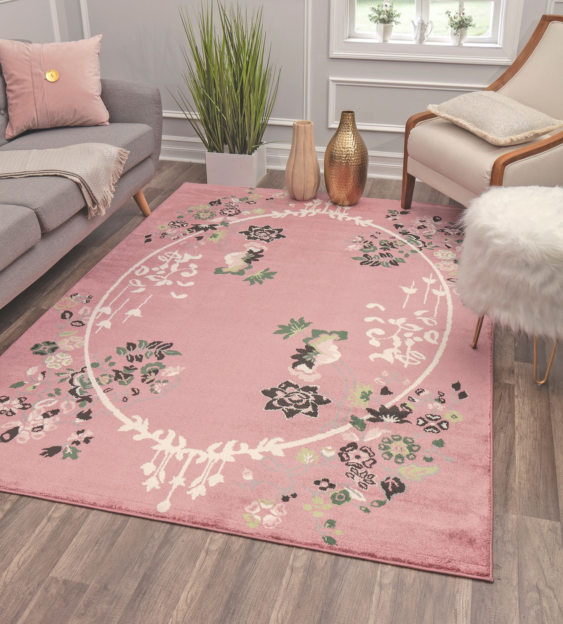 Rugs America Hanna VA20C Pink Magnolia Floral Transitional Pink Area Rug, 5'x7'
