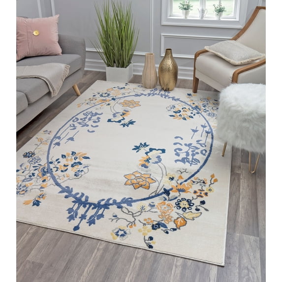 Rugs America Hanna VA20D Gold Magnolia Floral Transitional White Area Rug, 9'x12'