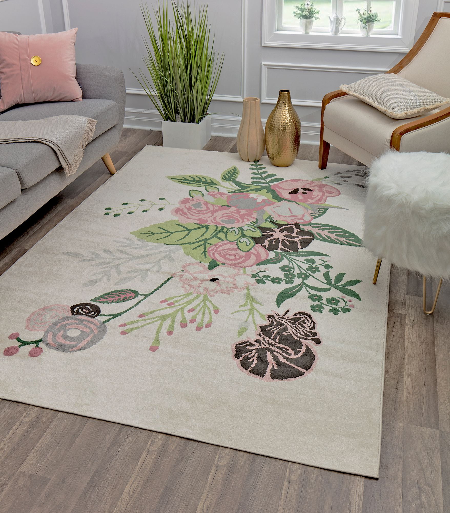 Ivory Blush Floral Charm Synthetic Area Rug, 9' x 12'