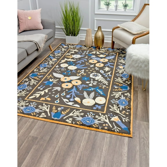 Rugs America Hanna VA30B Gardenia Golden Night Floral Transitional Black Area Rug, 9'x12'