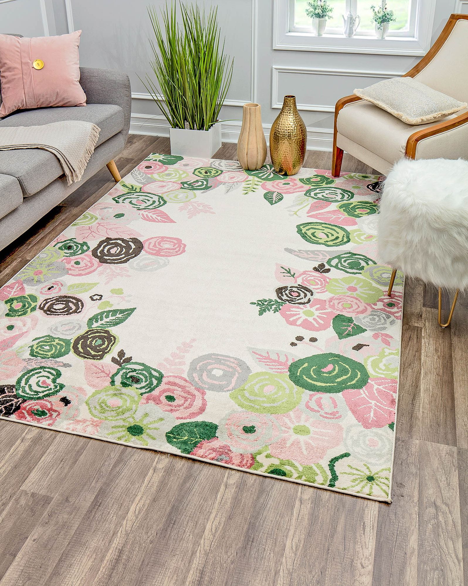 Rugs America Hanna VA35B Royal Blossom Pink Ivory Floral Transitional Beige Area Rug, 8'x10'