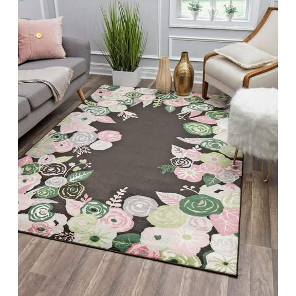 Rugs America Hanna VA35C Royal Blossom Pink Onyx Floral Transitional Black Area Rug, 2'x4'