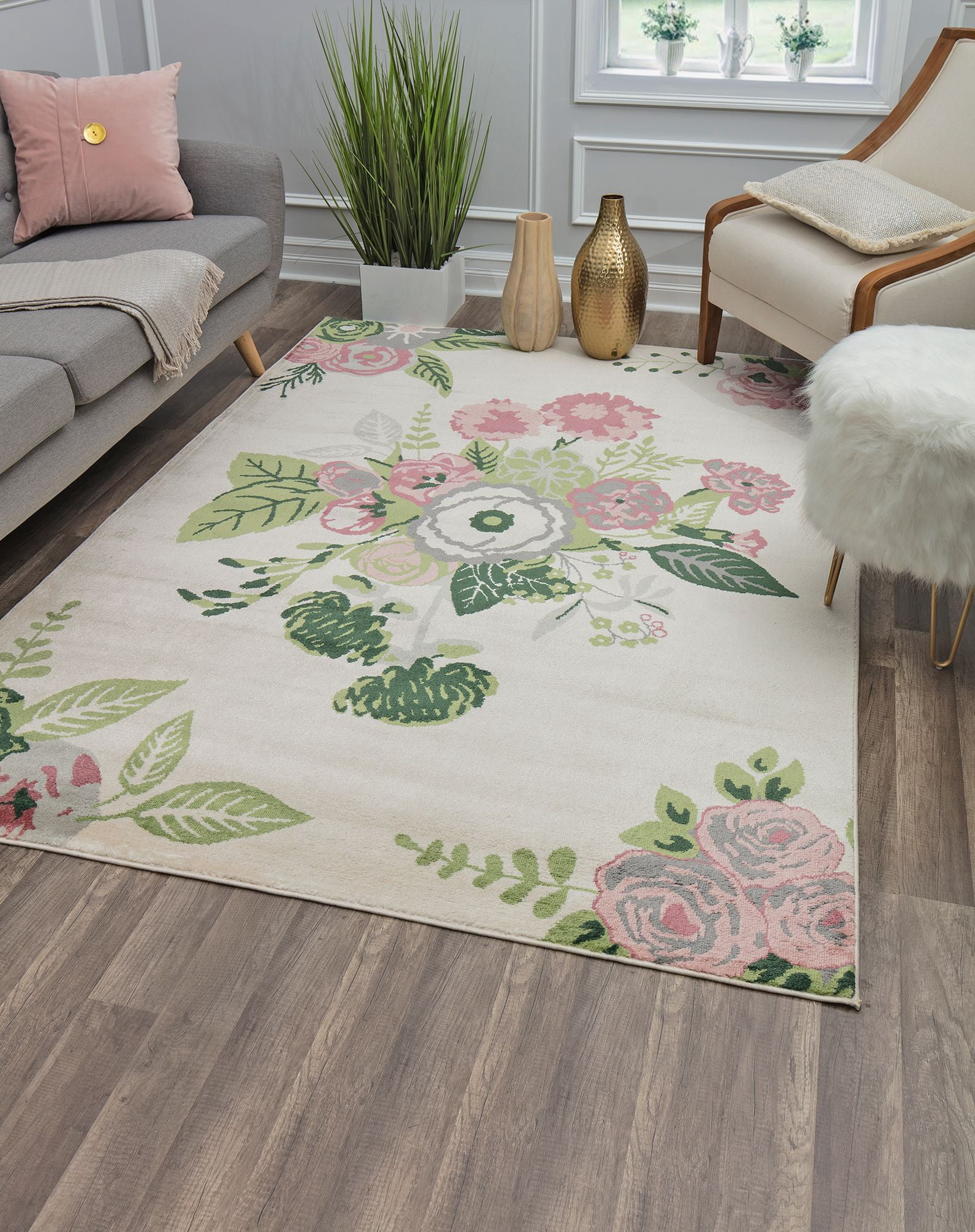 Rugs America Hanna VA40A Rose Garden Cream Floral Transitional Beige Area Rug, 5'x7'