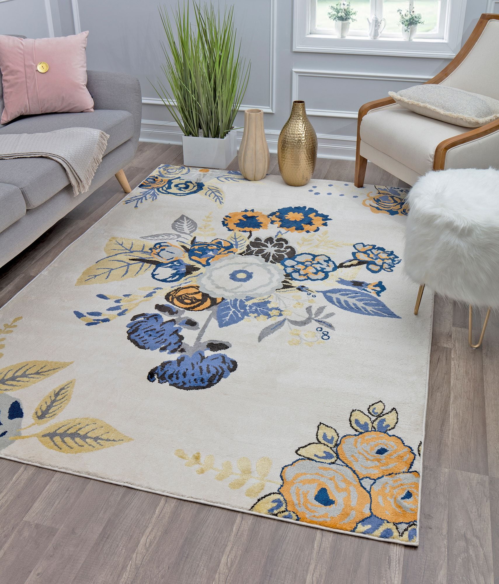 9' x 12' Blue and Ivory Floral Synthetic Area Rug