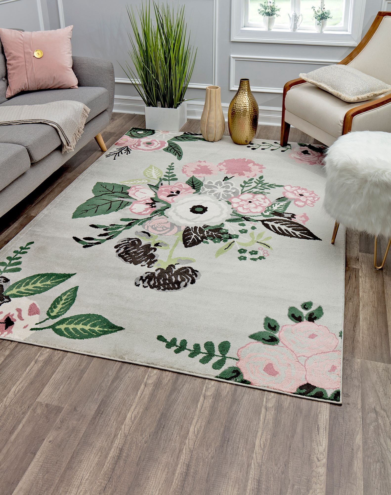 Rugs America Hanna VA40C Rose Garden Gray Floral Transitional Beige Area Rug, 9'x12'