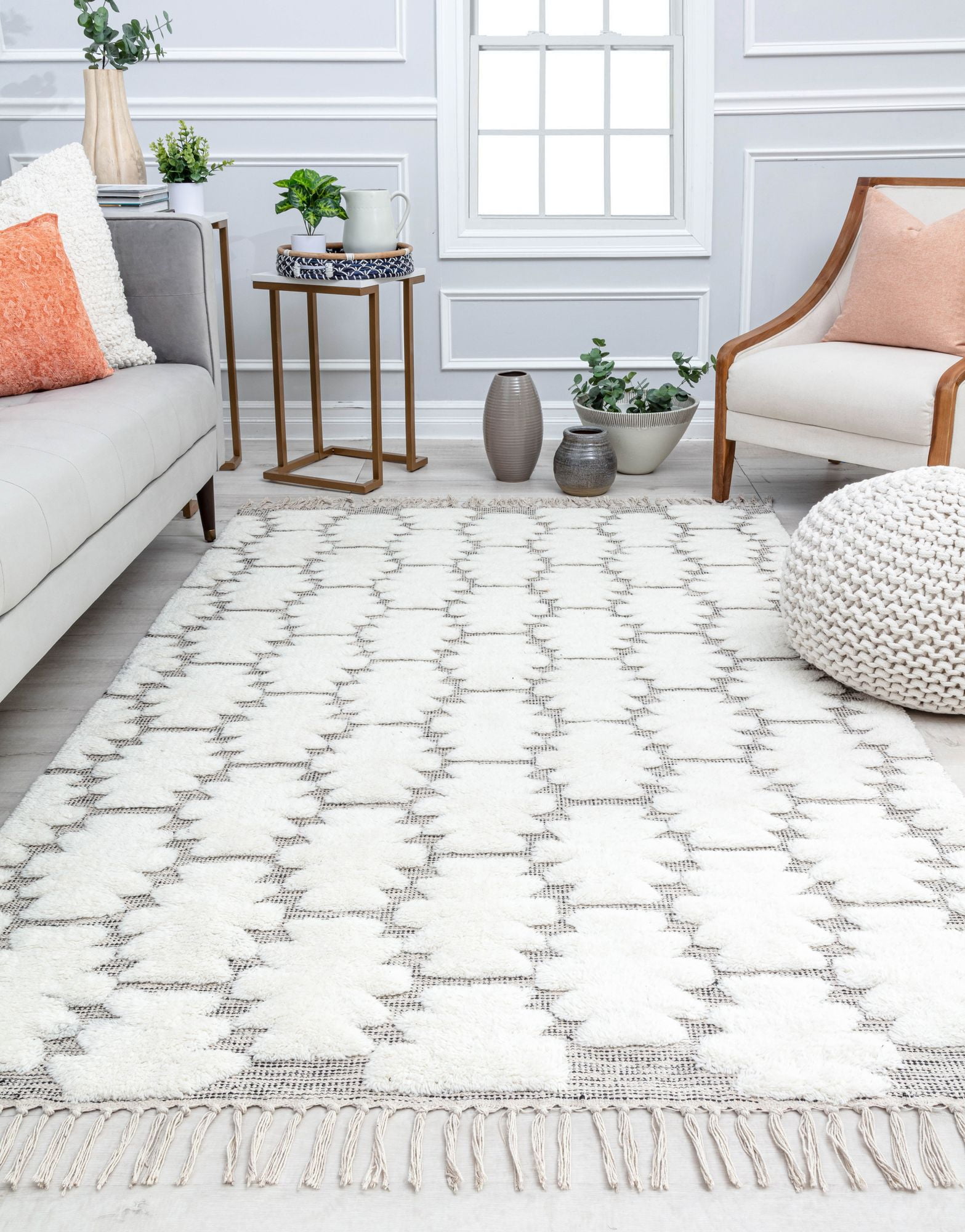 Rugs America Ivory Astra CR10A Textured/Trellis Bohemian White Area Rug, 8’0”x10’0”