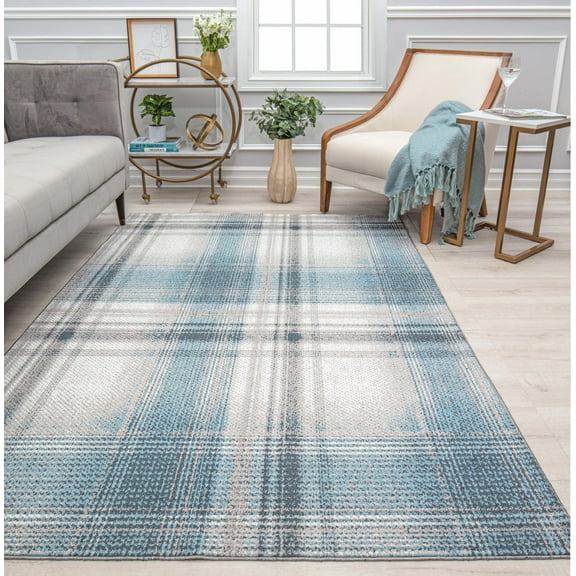 Rugs America Jaelyn JD50A Baltic Rapids Plaid Contemporary Blue Area Rug, 2'6" x 8'