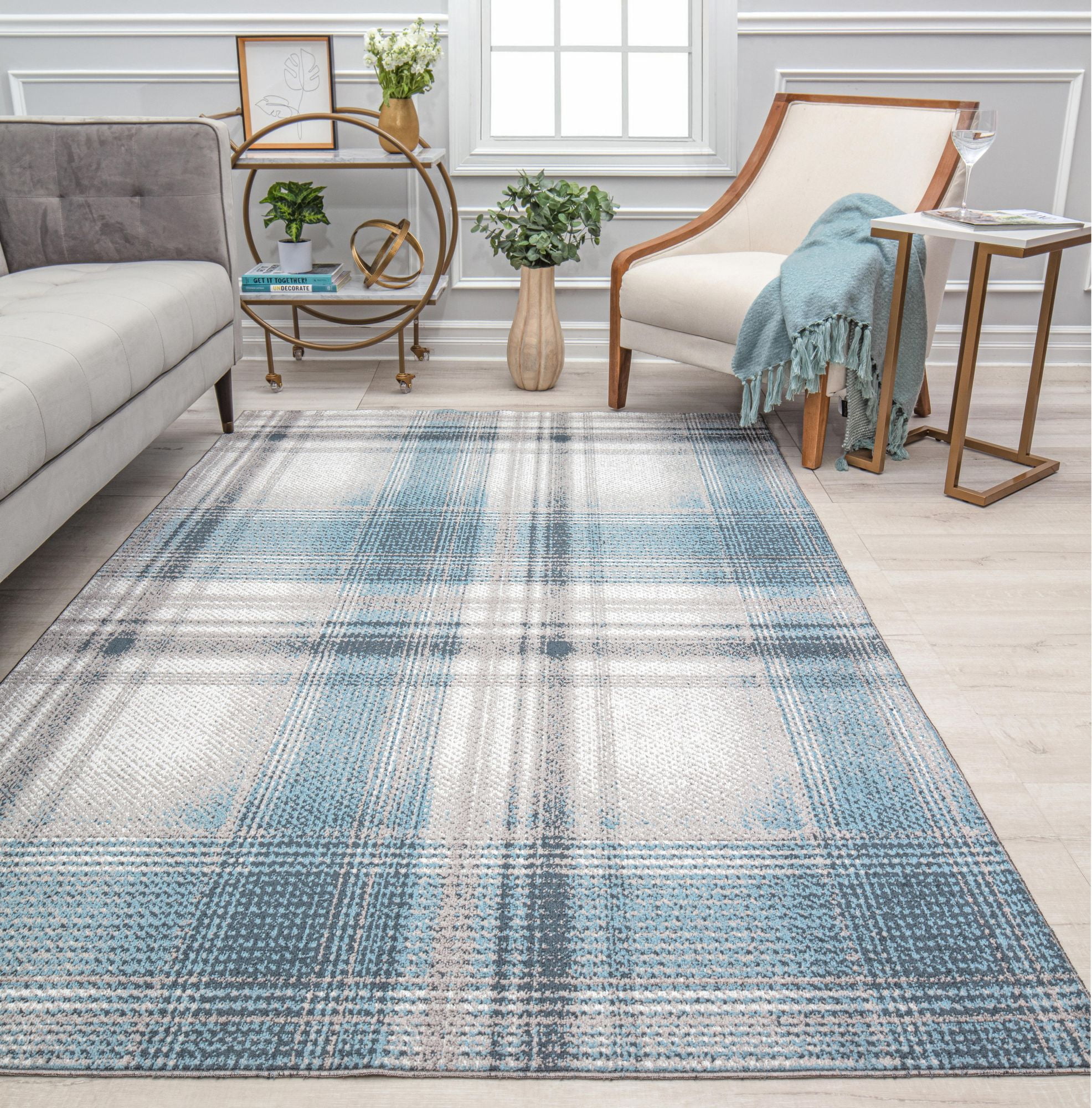 Baltic Rapids Blue Plaid Synthetic Area Rug, 8' x 10'