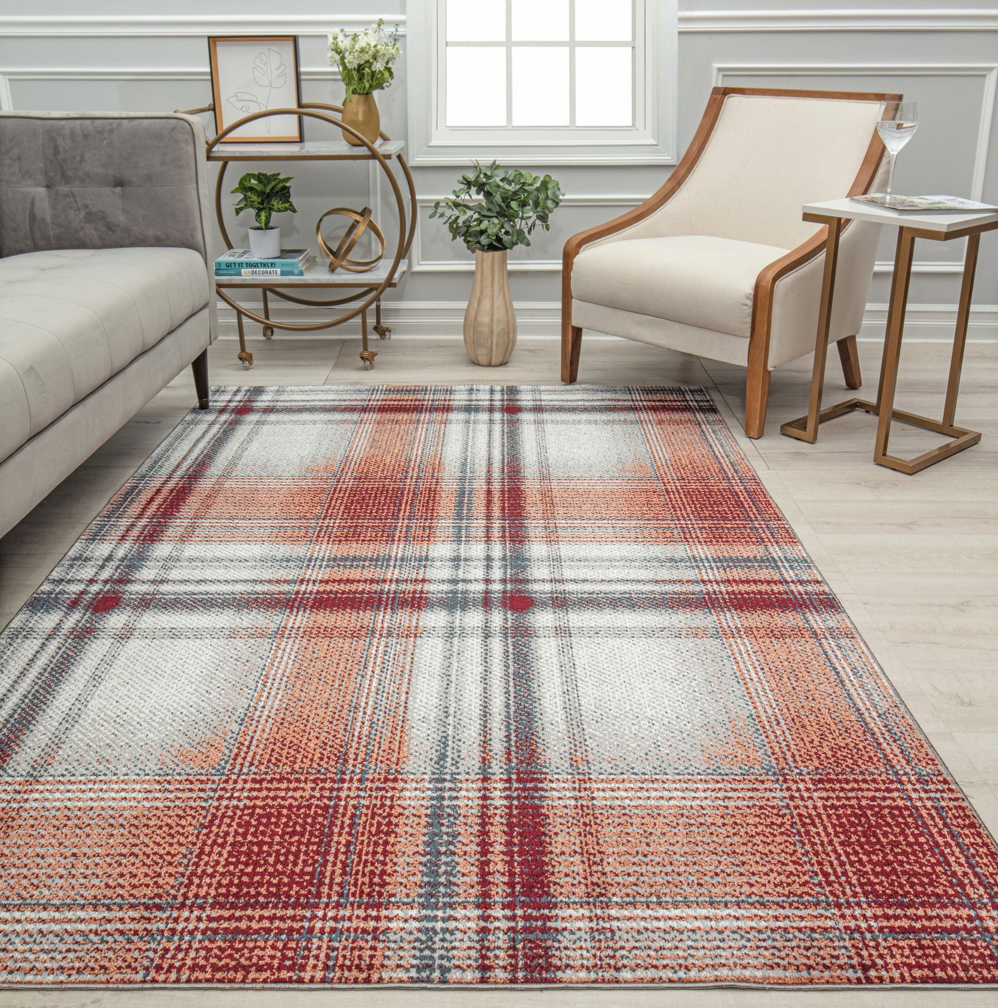 Rugs America Jaelyn JD50C Ruby Rapids Plaid Contemporary Red Area Rug, 5'3" x 7'0"