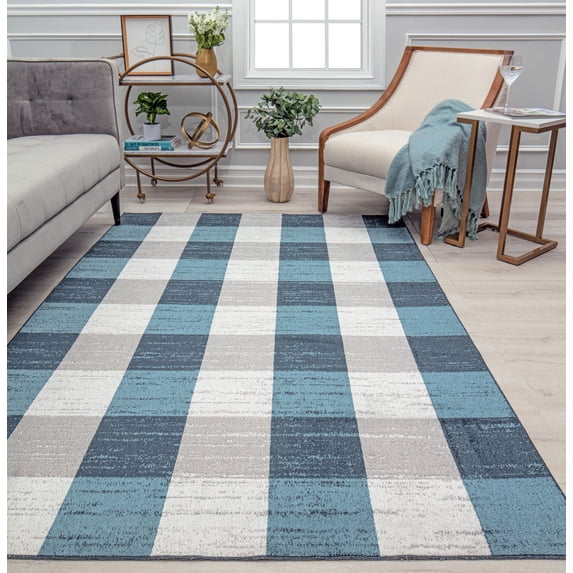 Large Check Blue Rug Rugs America Jaelyn JD65A Bedford Check Modern Contemporary Blue Area ...