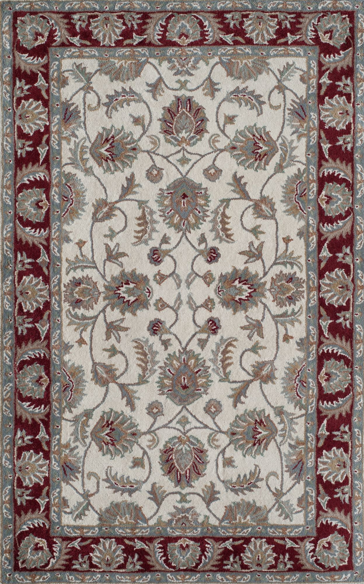 Handmade Ivory Burgundy Wool Oriental Area Rug, 5' x 8'