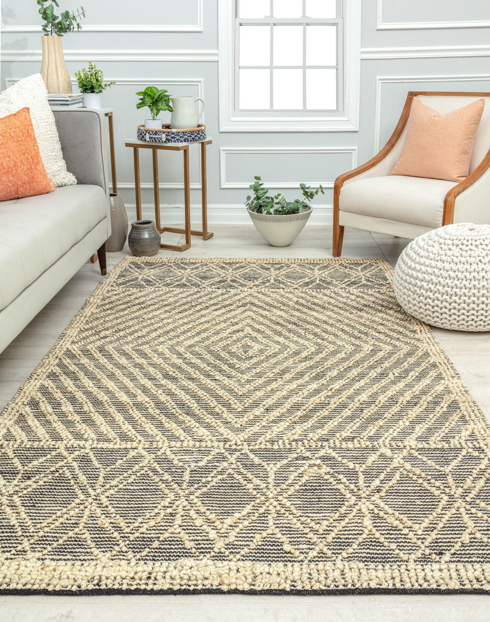 Rugs America Knotted Black AC10A Geometric /Textured Bohemian Cream Area Rug, 2’0”x3’0”