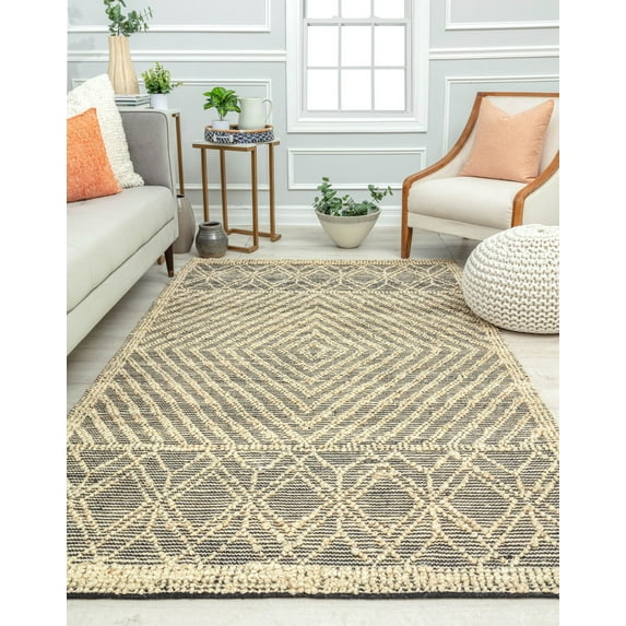 Rugs America Knotted Black AC10A Geometric /Textured Bohemian Cream Area Rug, 8’0”x10’0”