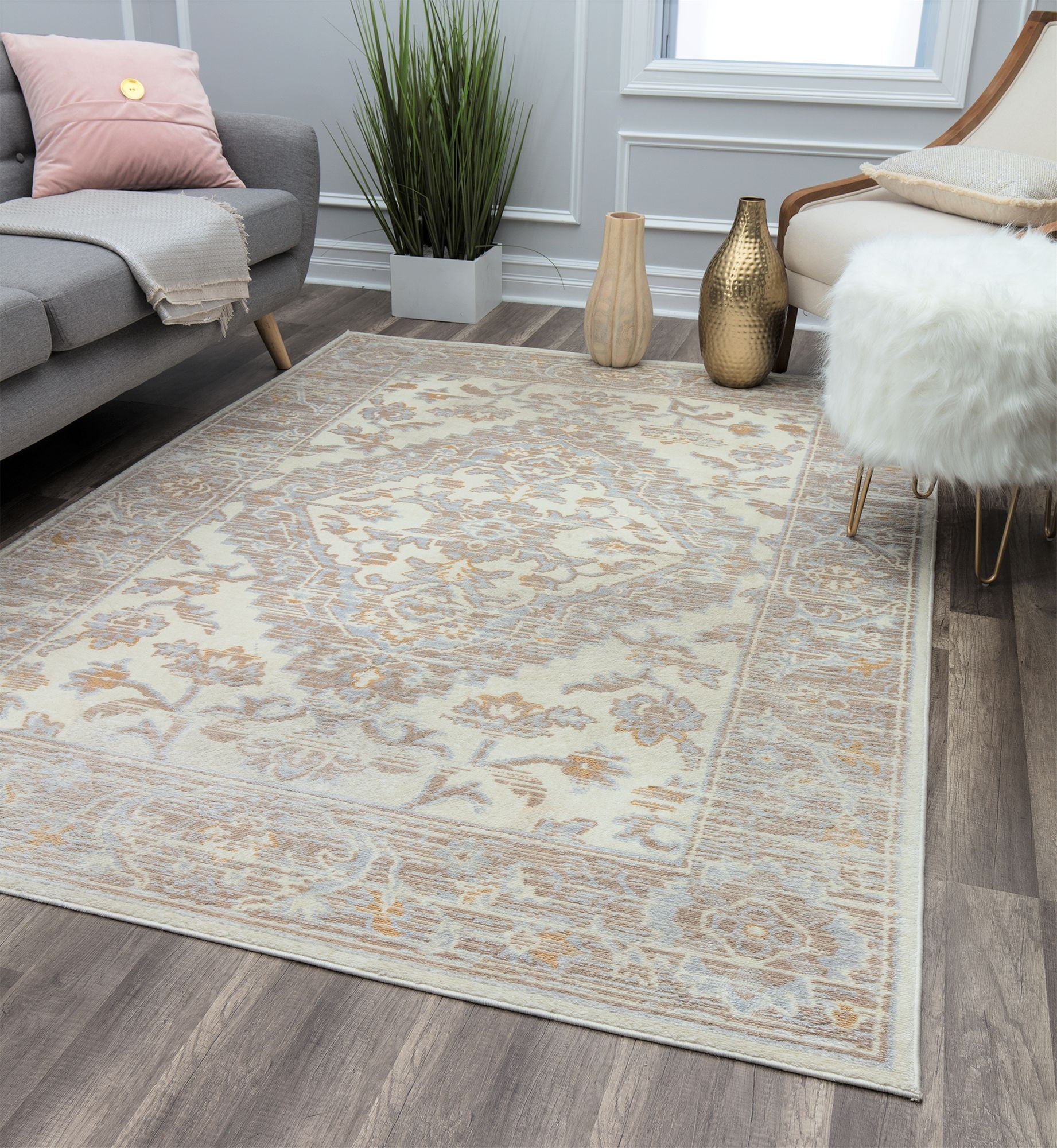 Ivory and Beige Round Synthetic Stain-Resistant Area Rug
