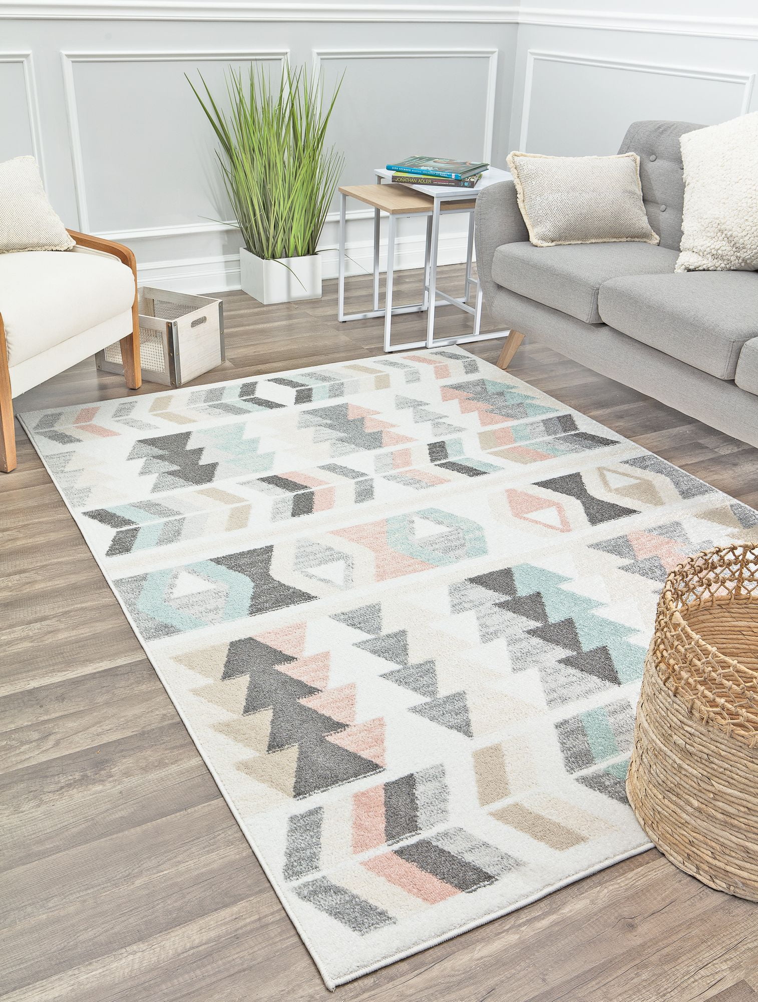 Mint Lime Gray Geometric Patterned Synthetic Area Rug