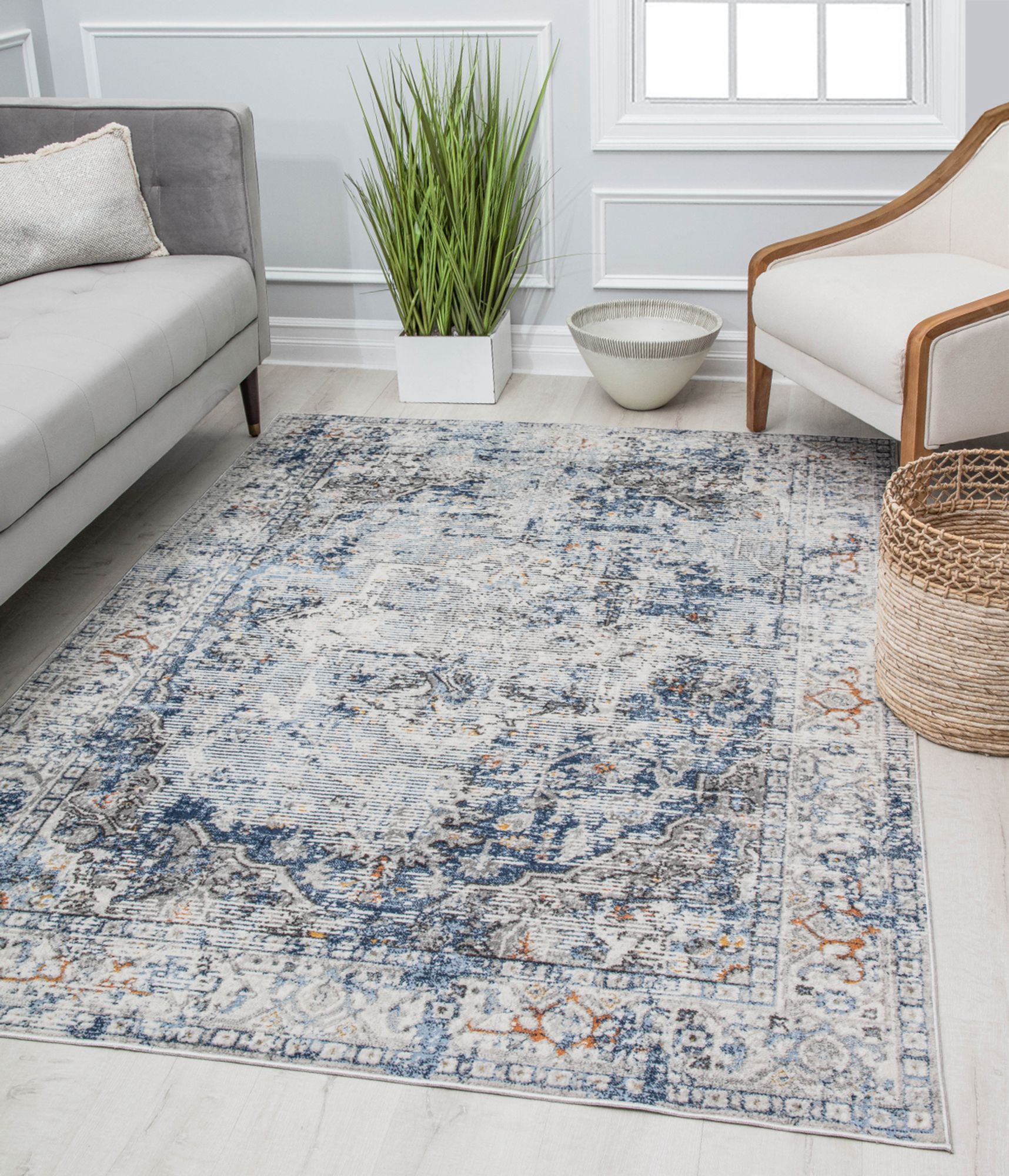 Blue and Gray Vintage Floral Rectangular Area Rug, 8' x 10'