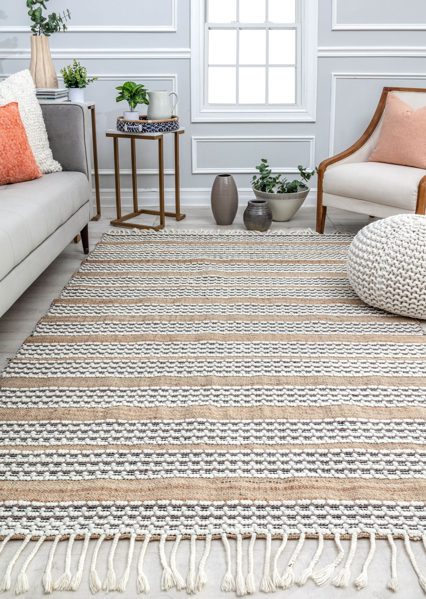 Handmade Natural Jute and Wool Striped Area Rug with Tassels