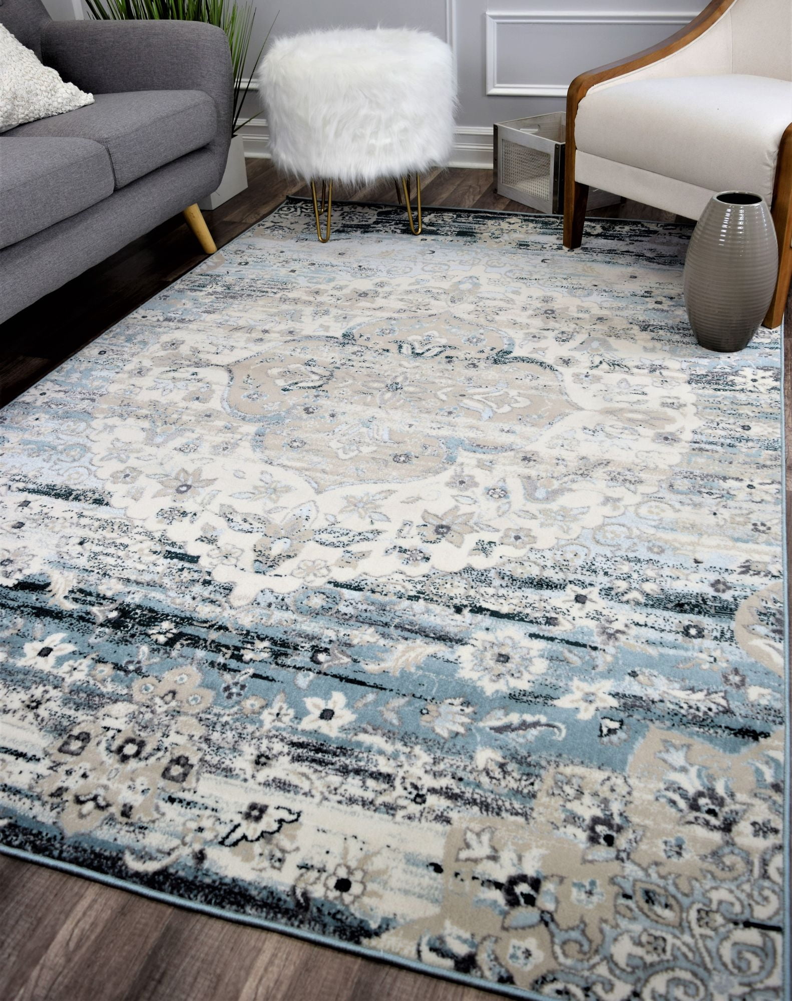 Rugs America Riley Collection Beacon Blue RY50A Vintage Transitional Area Rug 5'0"x7'0"