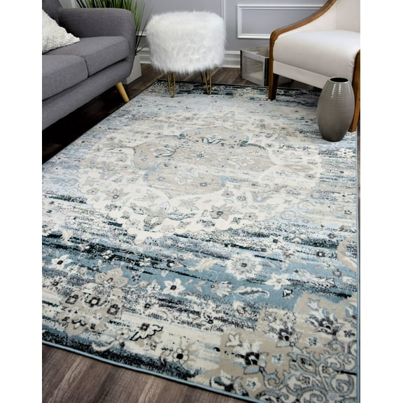 Rugs America Riley Collection Beacon Blue RY50A Vintage Transitional Area Rug 5'0"x7'0"