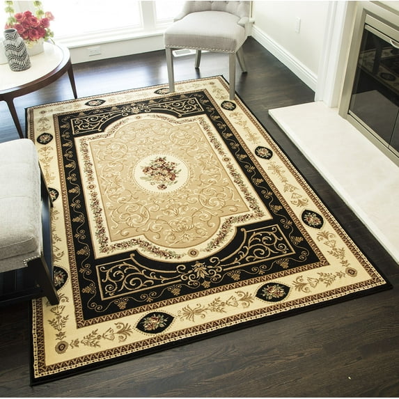 Rugs America Vista 1365-BLK F. Aubusson Black European Traditional Black Area Rug, 3'11"x5'3"