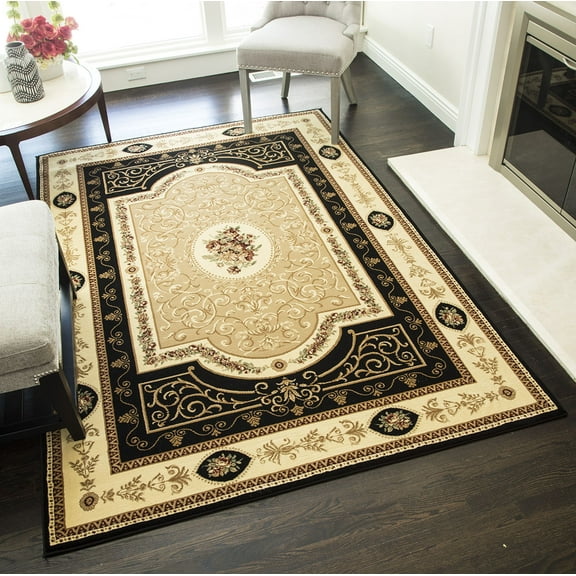 Rugs America Vista 1365-BLK F. Aubusson Black European Traditional Black Area Rug, 5'3"Round