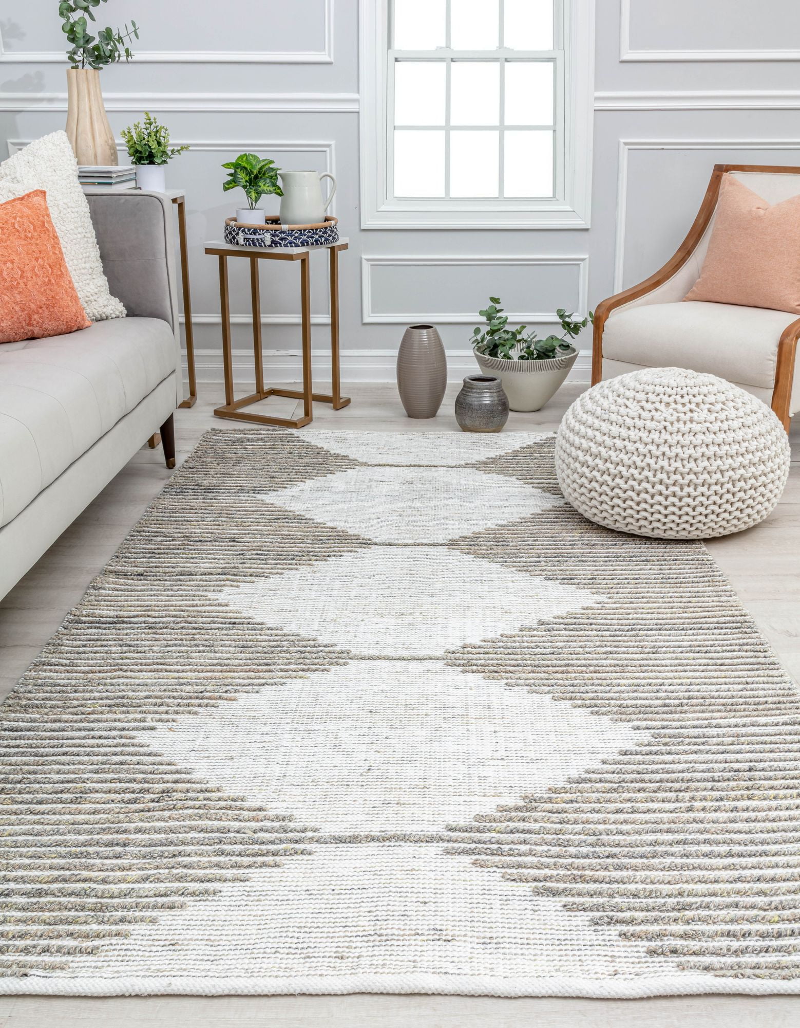 Rugs America Zaltana Gray PE10A Geometric Modern White Area Rug, 5’0”x7’0”