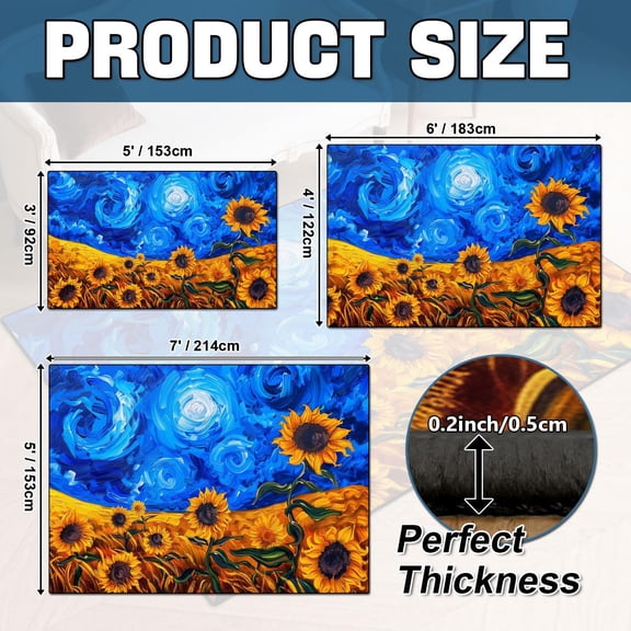 Rugs Area Rugs Washable Non-Slip, Blue Sky Sunflower Print Pattern Medallion Carpet for Living Room Bedroom Dining Room, Beige Navy Blue Orange Colorful (Sunflower, 4' x 6')