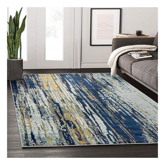 Rugs Blue & Yellow Painted Pattern Area Rug w/Bold Design Rugs Modern 4' x 6' Accent Rug, Collection
