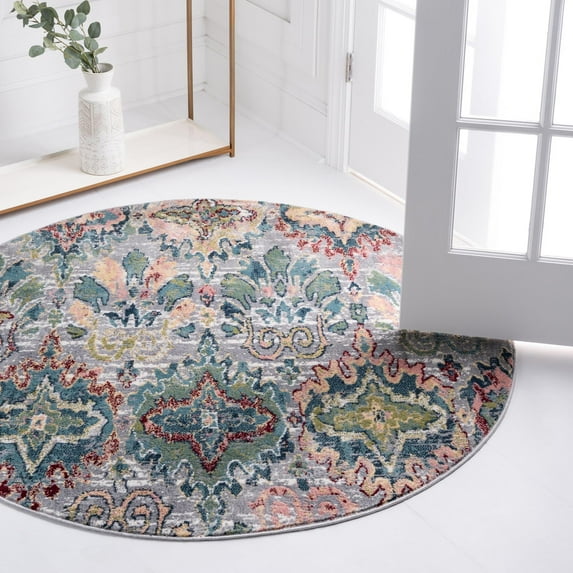 Rugs Charleston Collection Vintage Distressed Blue Multi Area Rug, 5 Ft Round, Soft Underfoot