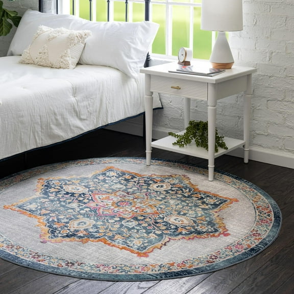 Rugs.Com Budapest Collection Round Rug ‚Äì 3' 7" Round blue Low-Pile Rug Perfect For Hallways, Entryways