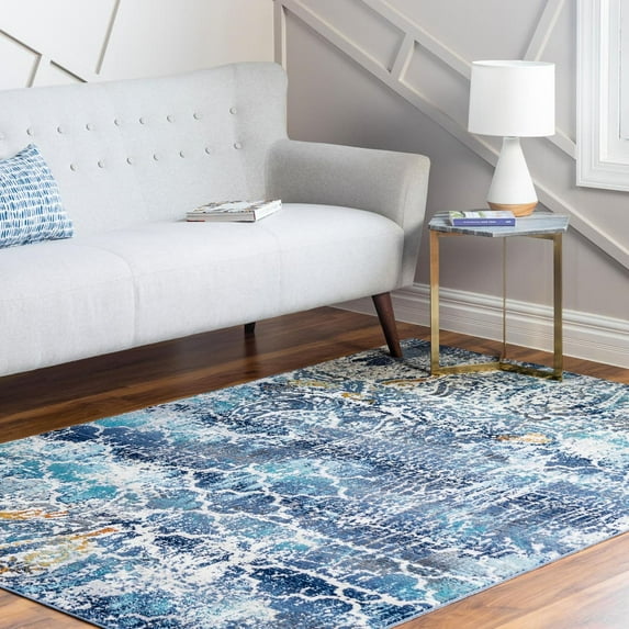 Rugs.Com Malibu Collection Area Rug – 4' x 6' Blue Low-Pile Rug Perfect For Entryways, Kitchens, Breakfast Nooks, Accent Pieces