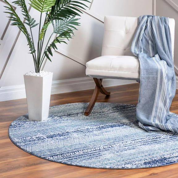 Rugs.Com Malibu Collection Round Rug ‚Äì 3 Ft Round Blue Low-Pile Rug Perfect For Kitchens, Dining Rooms