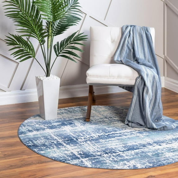 Rugs.Com Malibu Collection Round Rug – 3 Ft Round Blue Low-Pile Rug Perfect For Kitchens, Dining Rooms