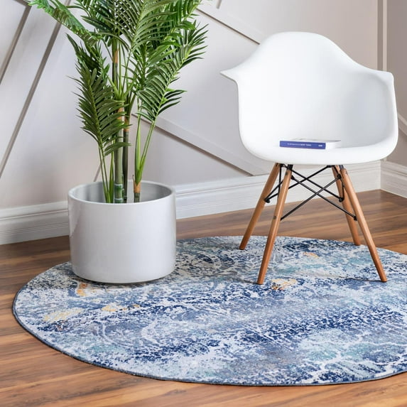 Rugs.Com Malibu Collection Round Rug – 5 Ft Round Blue Low-Pile Rug Perfect For Kitchens, Dining Rooms