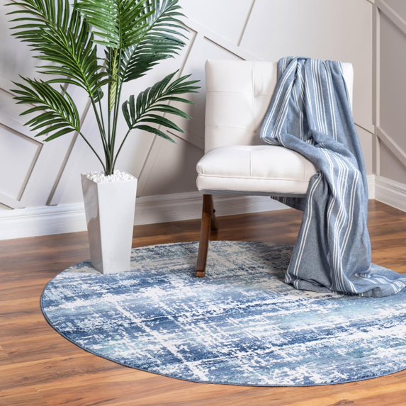 Rugs.Com Malibu Collection Round Rug – 5 Ft Round Blue Low-Pile Rug Perfect For Kitchens, Dining Rooms
