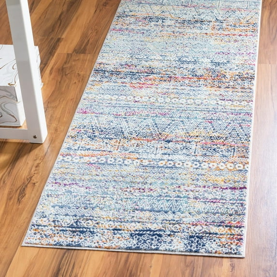 Rugs.Com Malibu Collection Runner Rug – 10 Ft Runner Multi Low-Pile Rug Perfect For Hallways, Entryways