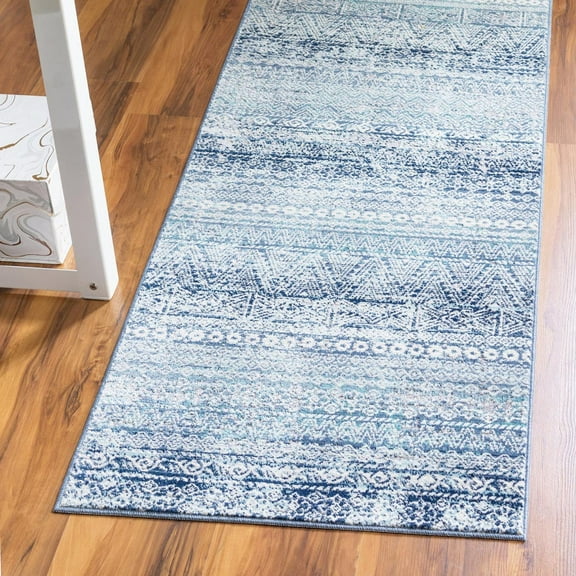 Rugs.Com Malibu Collection Runner Rug – 6 Ft Runner Blue Low-Pile Rug Perfect For Hallways, Entryways
