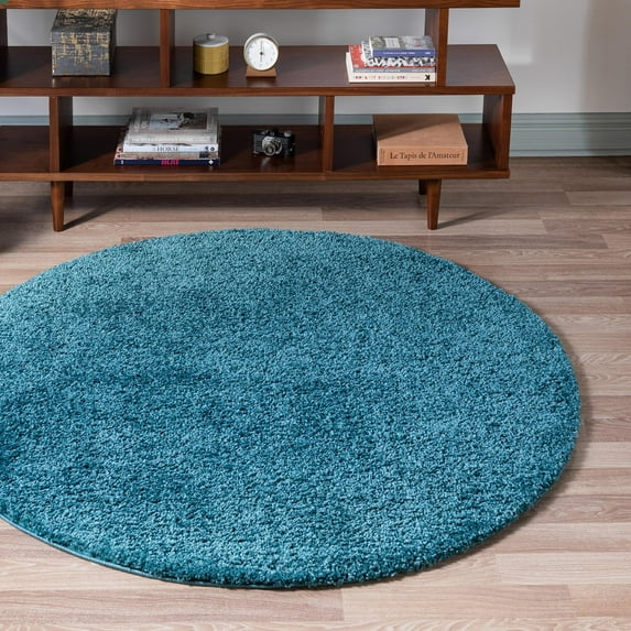Rugs.Com Soft Solid Shag Collection Round Rug – 5 Ft Round Turquoise Shag Rug Perfect For Kitchens, Dining Rooms