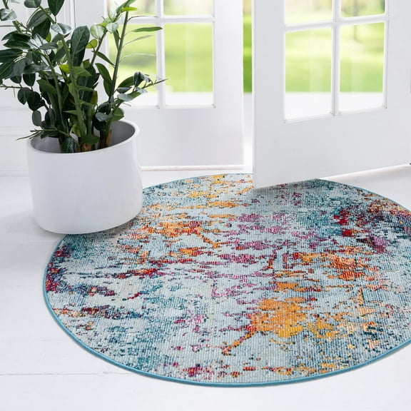 Rugs.Com Starlight Collection Transitional Abstract Round Rug ‚Äì Blue 4' X 4' Rug Perfect For Dining Rooms, Breakfast Nooks, Kitchens And More