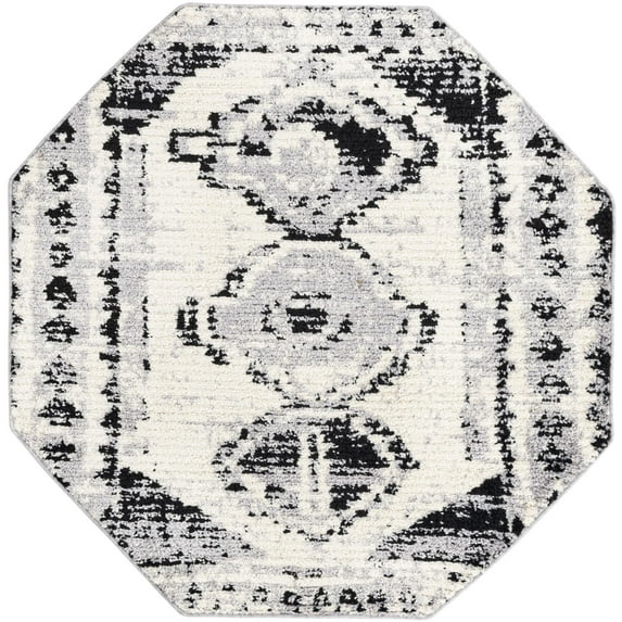 Rugs.Com Tagine Collection Rug – 5 Ft Octagon Black And White Medium-Pile Rug Perfect For Living Rooms, Kitchens, Entryways