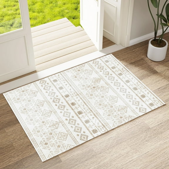 Rugs for Entryway, 2x3 Khaki Washable Small Area Rug, Non-Slip Ultra Soft Vintage Geometric Low-Pile Indoor Door Mat Floor Carpet for Indoor, Entrance, Kitchen