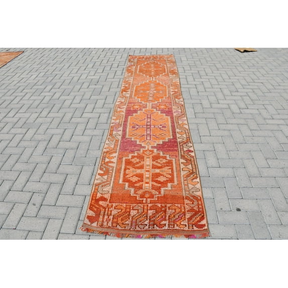 Rugs For Indoor, Turkish Rug, , 2.6x10.8 ft Area Rugs, Vintage Rug, Anatolian Rug, Herki Rug, Orange Anatolian Rugs, Ethnic Kitchen Rug
